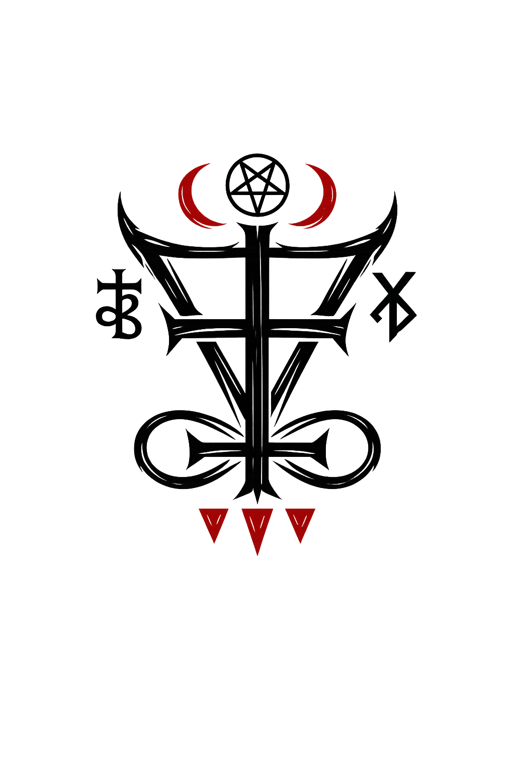 Antichrist.net civic emblem with dark central axis, red crescent forms, upper circular star mark, side glyphs, lower looped forms, and three red downward triangles.