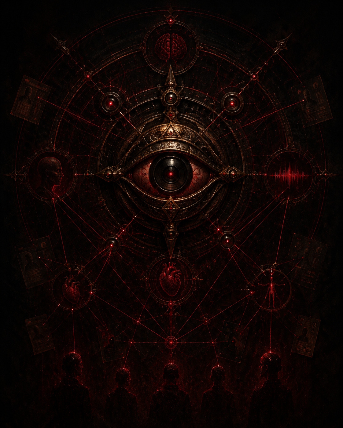 A mechanical red eye connected to human profiles, speech traces, brain and heart diagrams, and a network of observers.