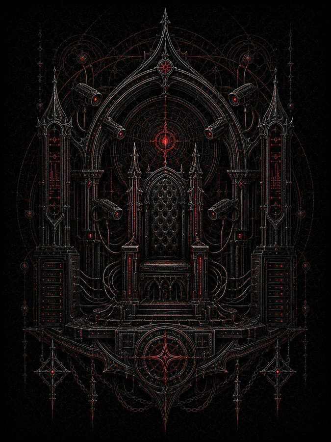 Empty black gothic throne inside an arched technological cathedral surrounded by surveillance cameras, server cabinets, red indicators, cables, and concentric control geometry.