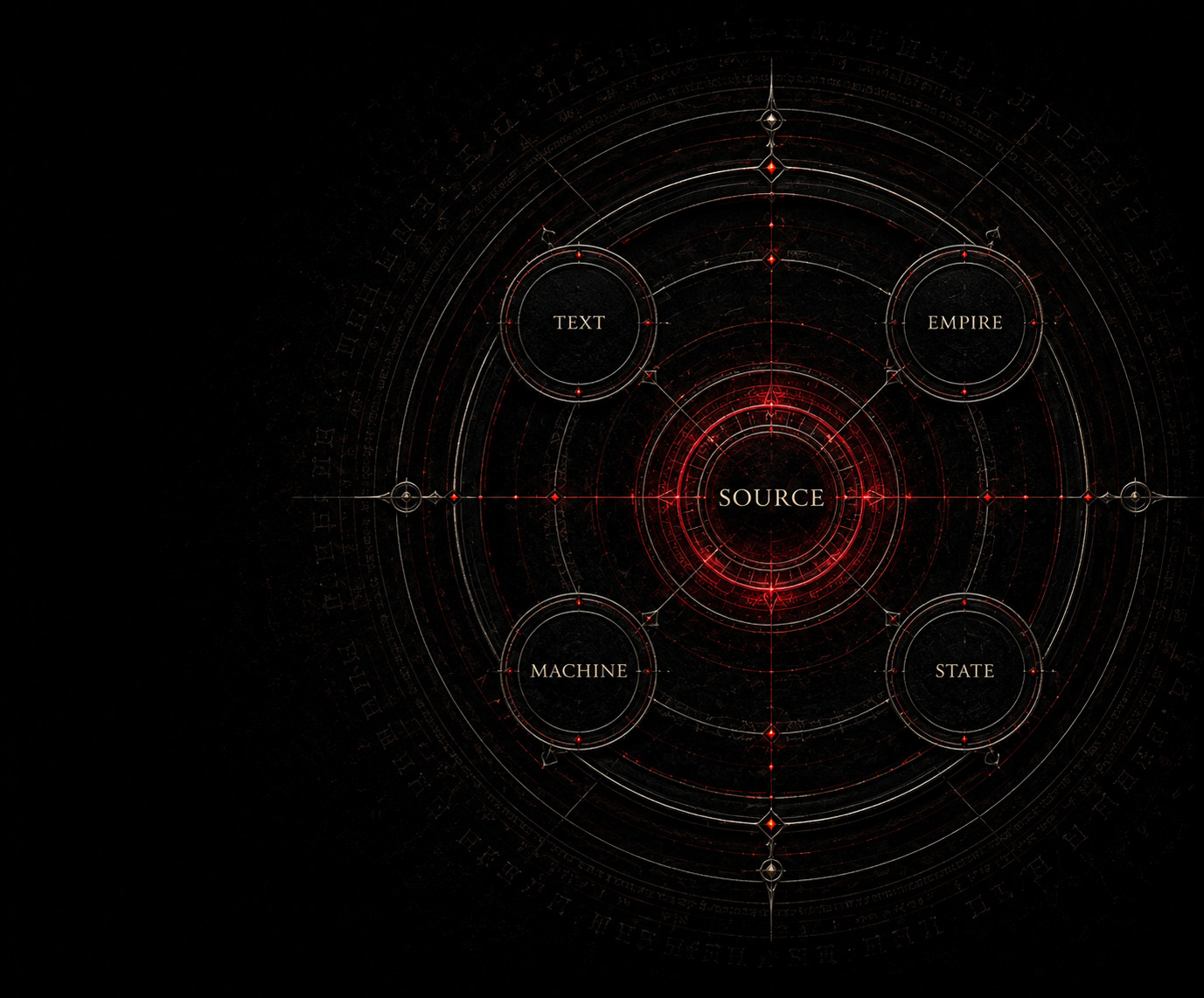 Circular source map linking text, empire, machine, and state around a preserved central source.