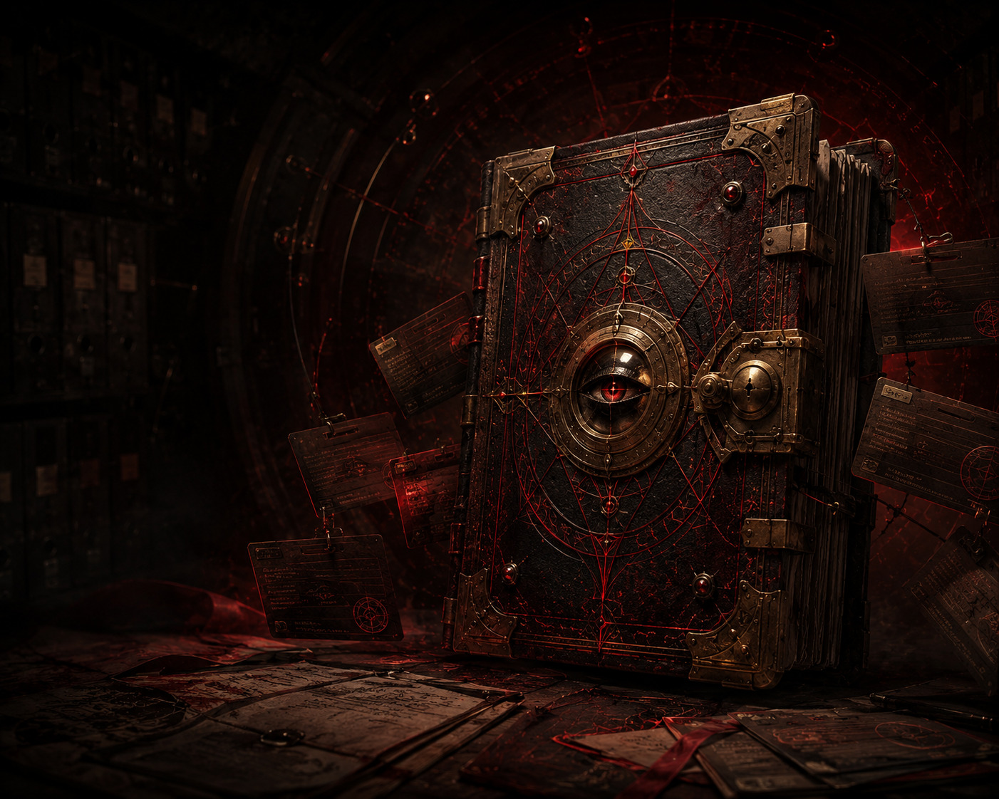 A dark archival source book with a mechanical eye, locks, and suspended provenance records.
