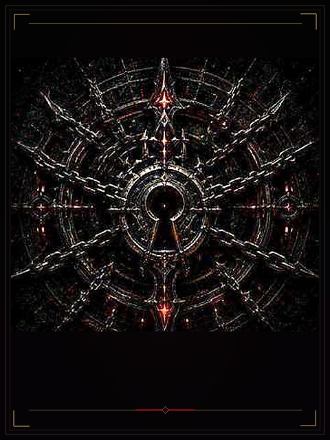 Chains of the Archons symbol plate. A central black keyhole is surrounded by an iron lock-ring, radiating chains, red-lit anchor points, and a crown-like upper blade.