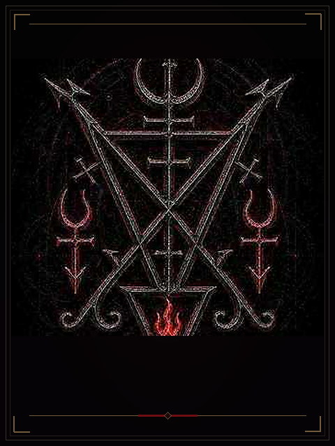 Tall black and red gothic civic composition with a central vertical axis, open crescent crown, crossing structural braces, a contained flame, and descending anchors.