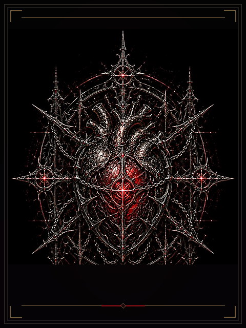Heart of the Outcast symbol plate. An anatomical heart glows inside a lattice of blades, chains, cathedral points, and a central red star.
